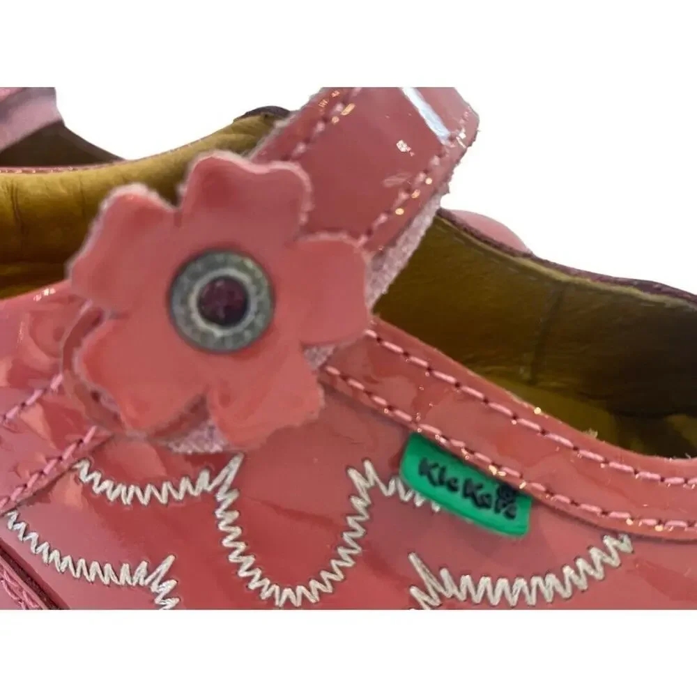 9.5 (26 eu) KicKers Pink Patent Mary Jane Booties Shoes Flower Design Rubber Sol